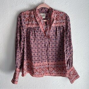 Sea NY 100% Silk Boho Blouse Geometric Print Sz 6 Long Sleeve Neck tie